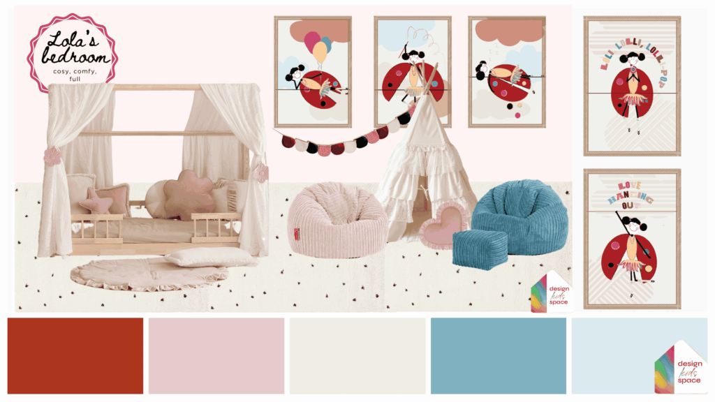 lola's bedroom - blue, room concept for girls, inspirational moodboard, colour palette