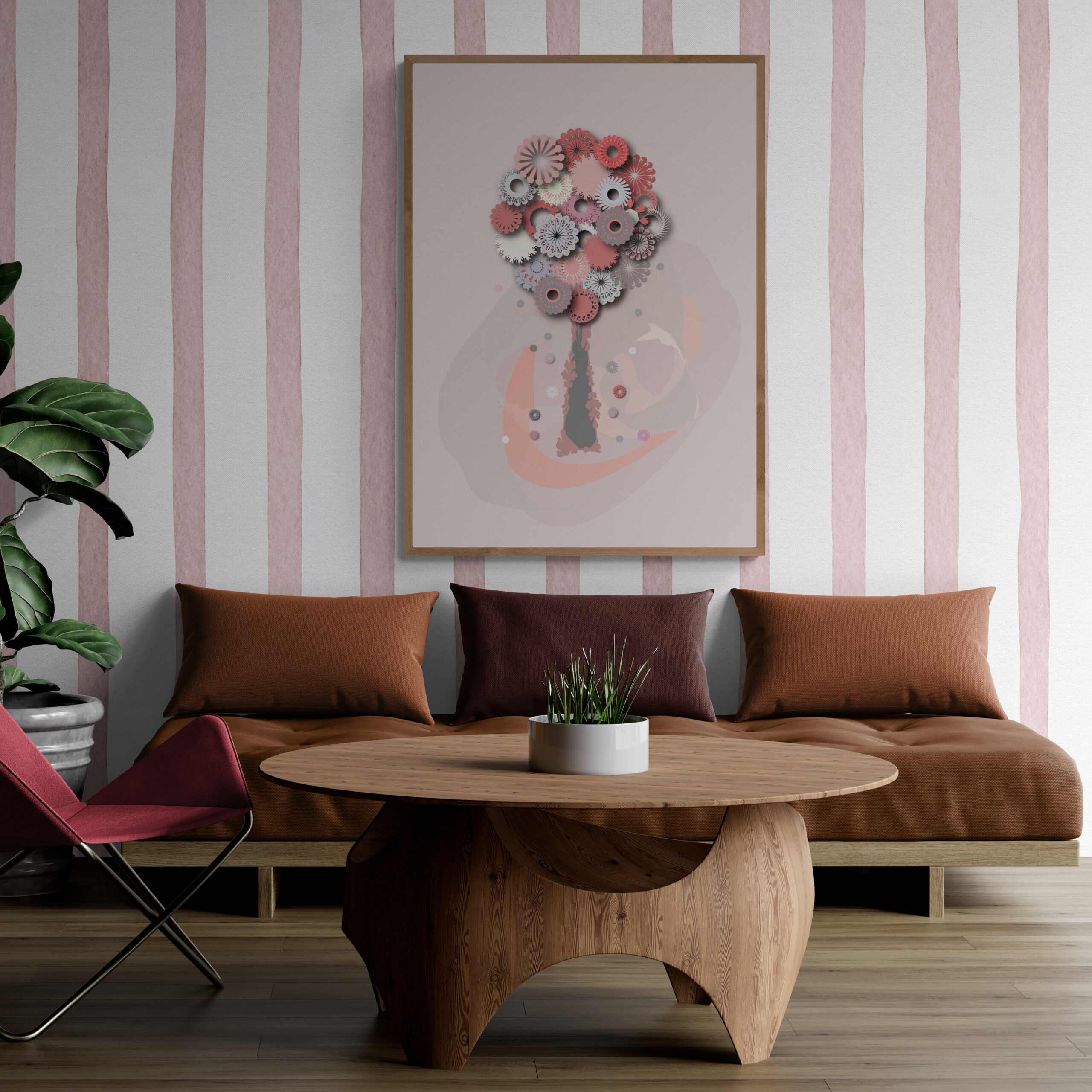 pink blessing tree wall art in an elegant living room