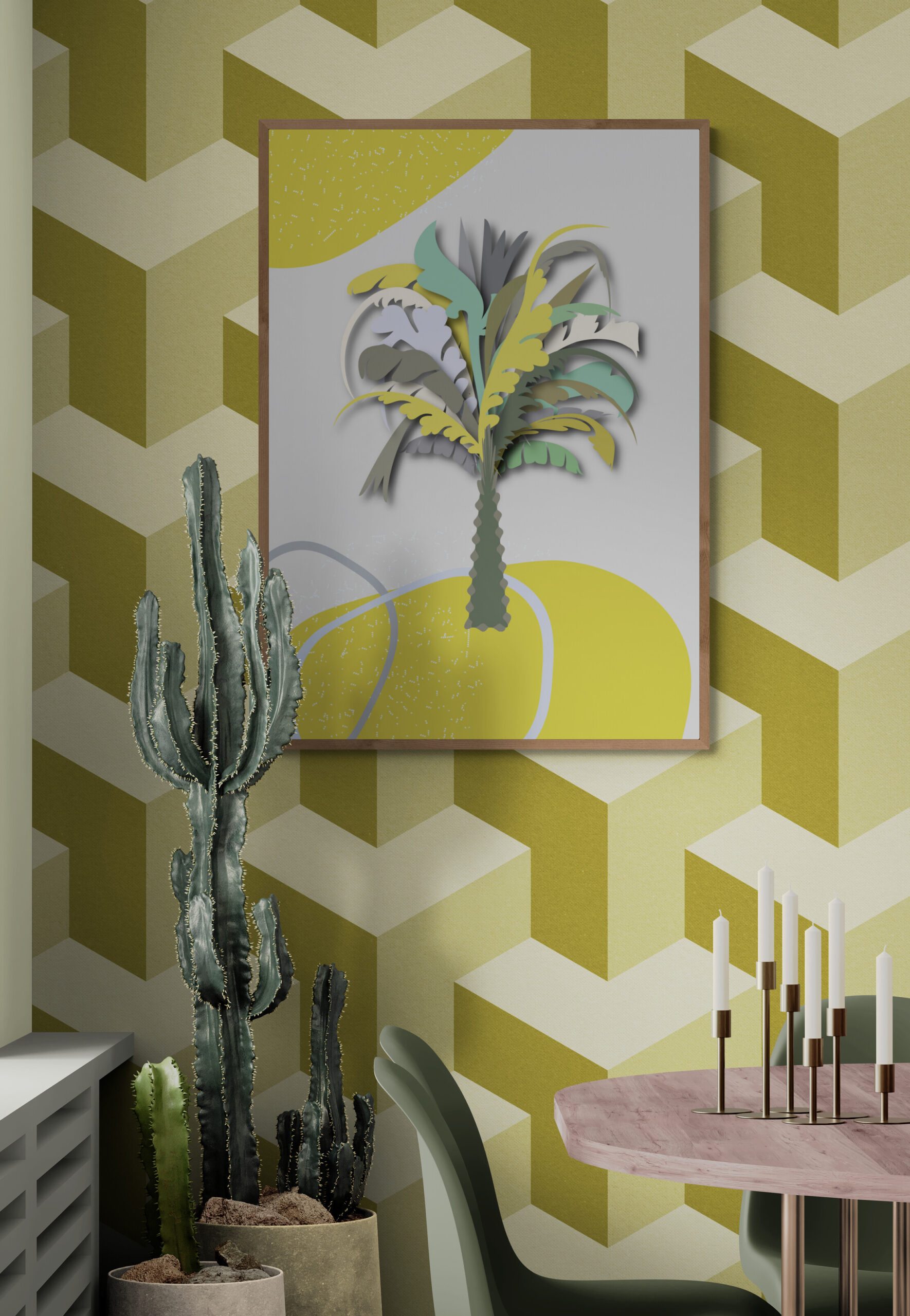 lovely trees yellow palm in dining-room-with-a-large-cactus-plant