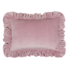 Pink velvet pillow with frills.