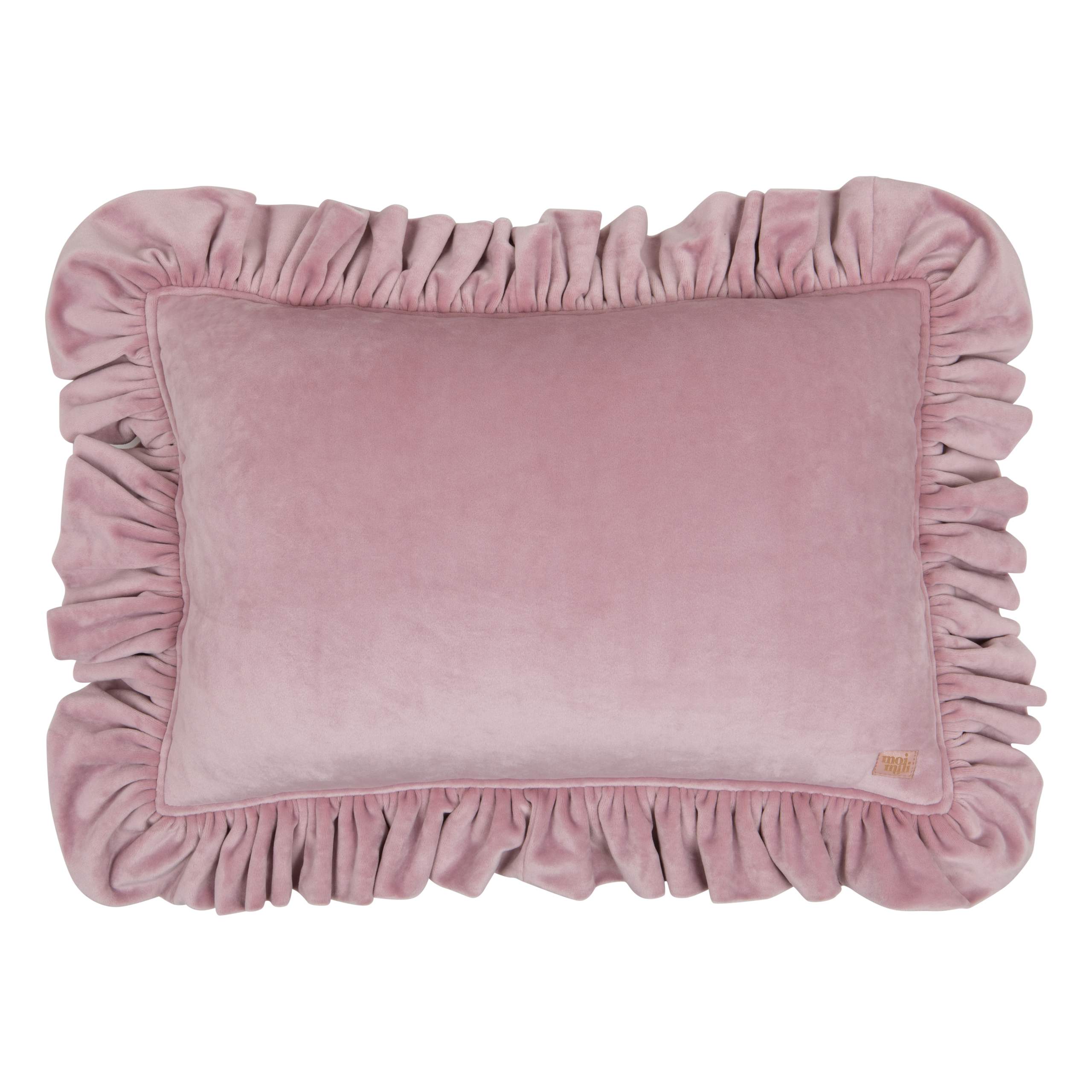Pink velvet pillow with frills.