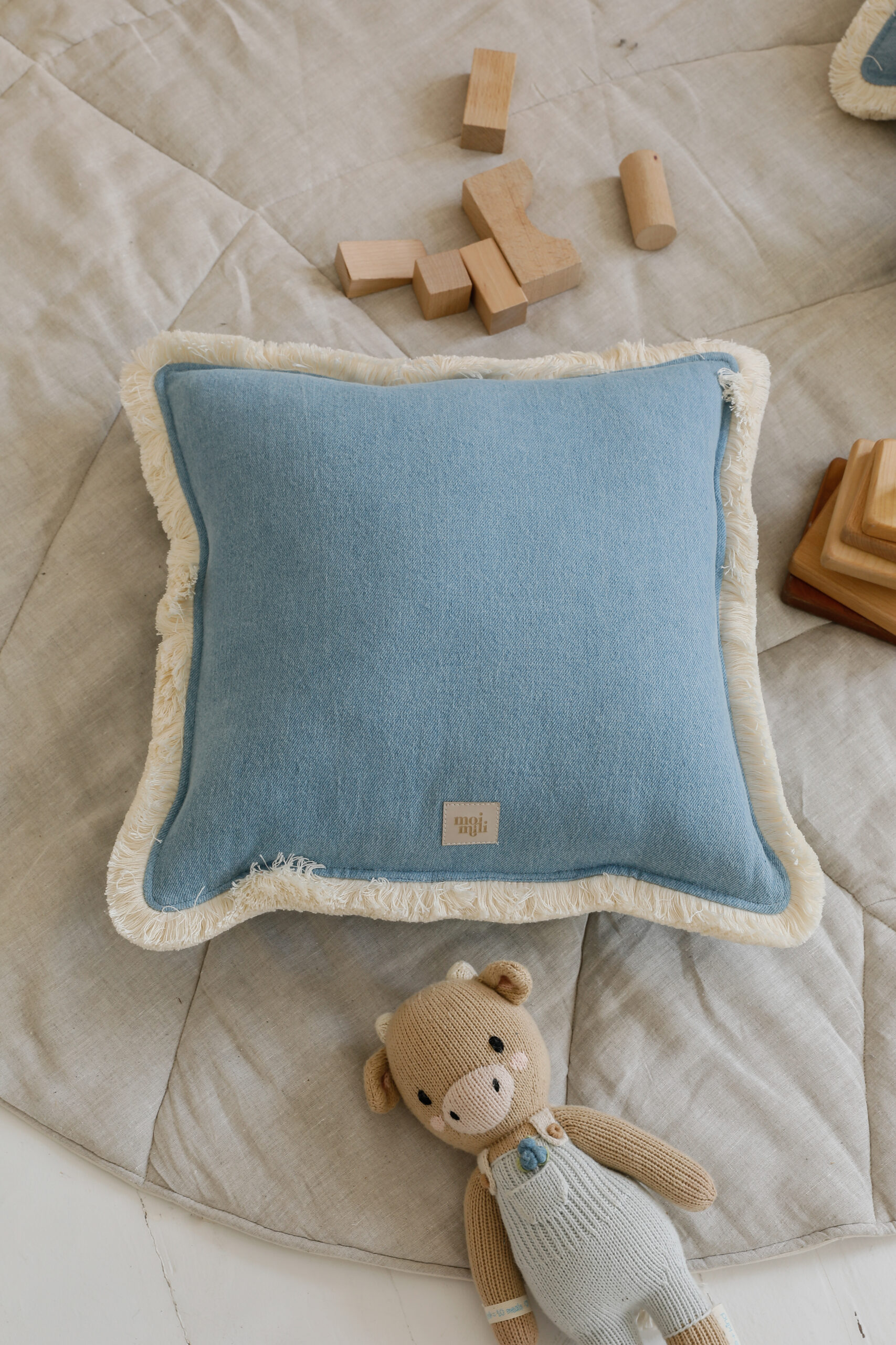 jeans soft denim light blue pillow with fringe