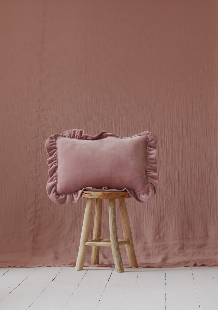 pink velvet pillow with frills