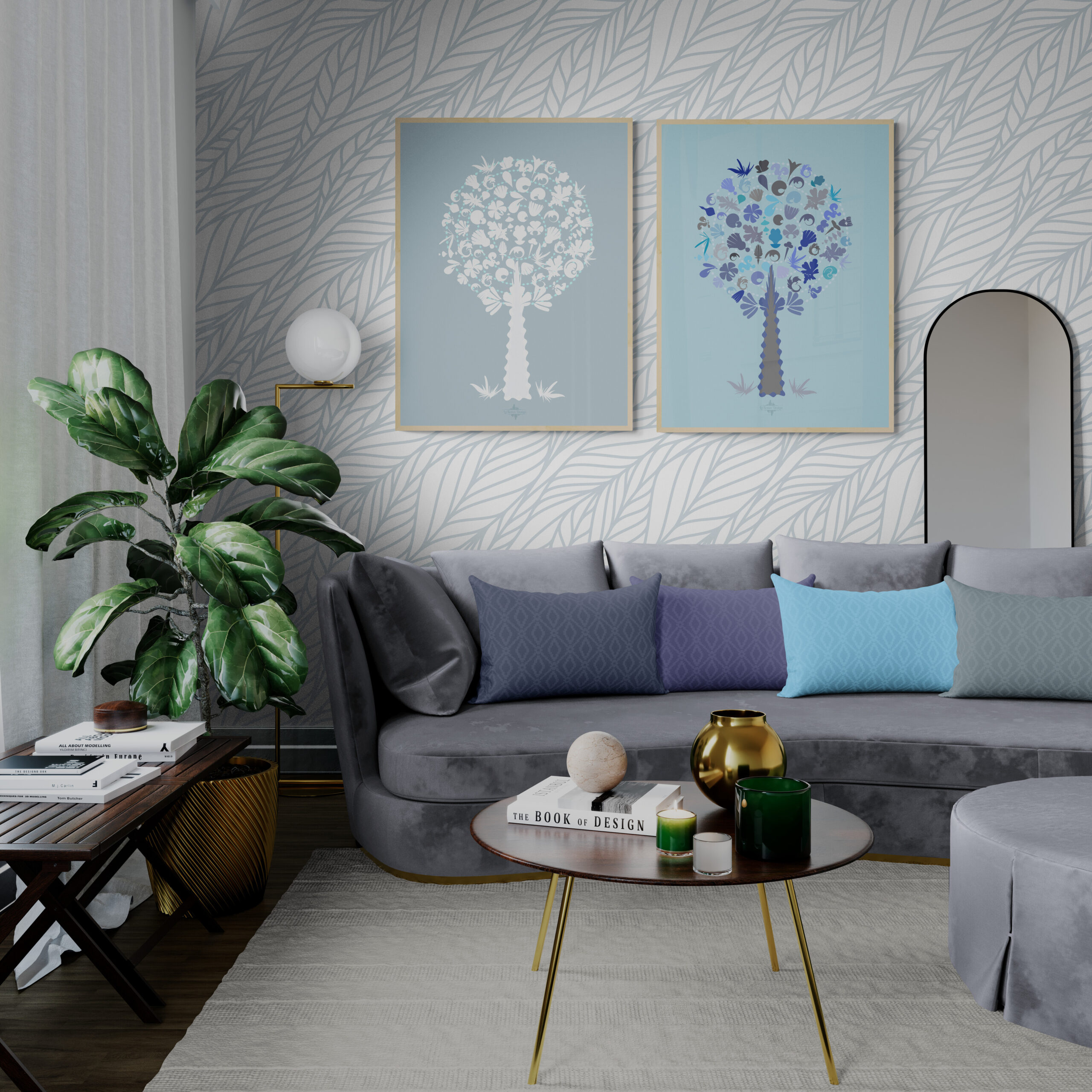blue medley trees living room decoration in a grey elegant style
