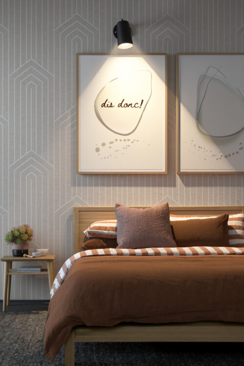 French Harmony Dup in Comfy bedroom with wooden bed and side table (