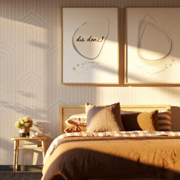 French Harmony Dup in Comfy bedroom with wooden bed and side table