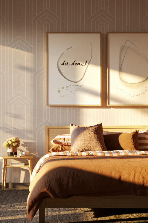 French Harmony Dup in Comfy bedroom with wooden bed and side table