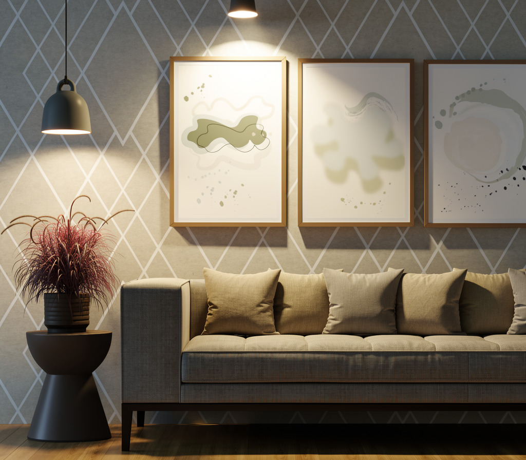 Organic Va Va Voom Trio in Living room with a sofa and grassy plant