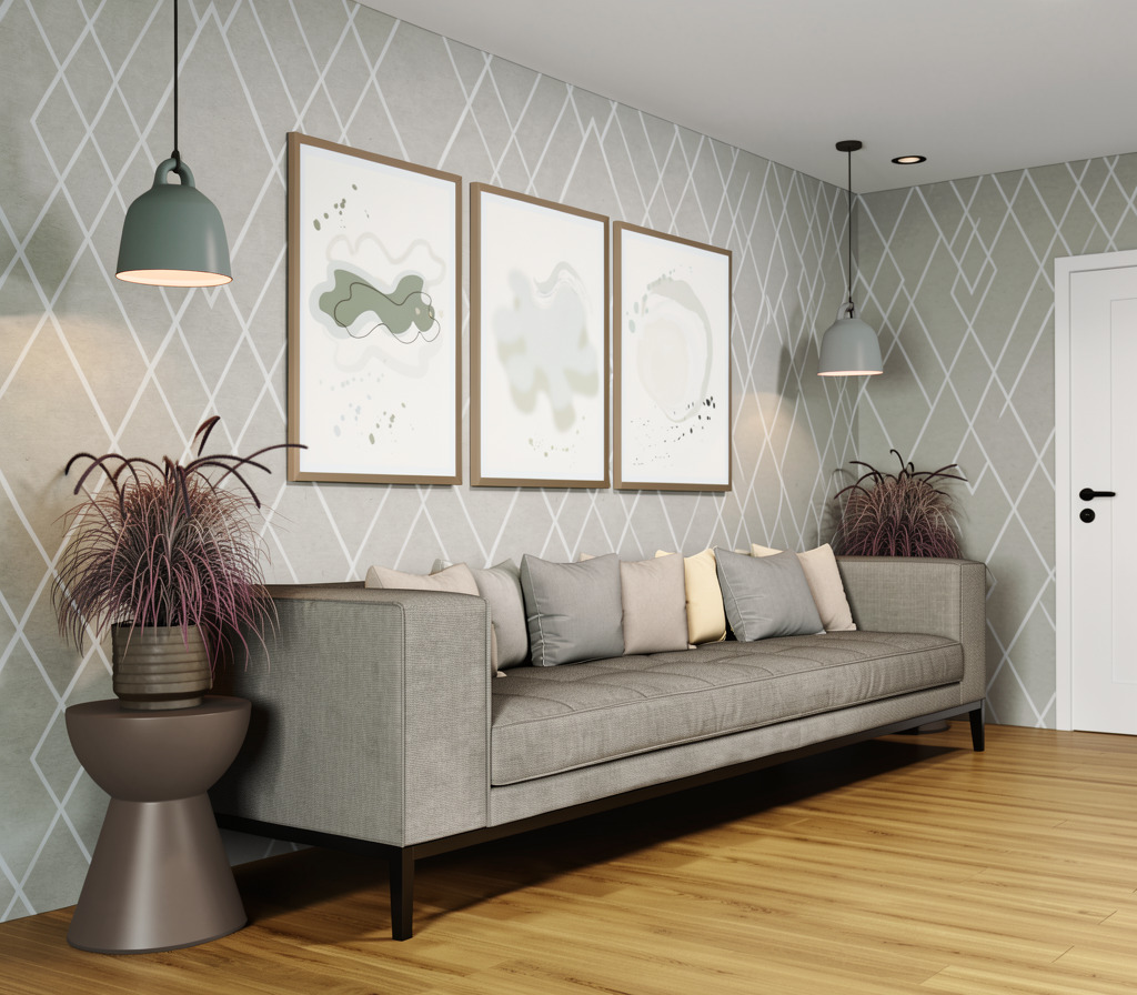 Organic Va Va Voom Trio in Living room with a sofa and grassy plant