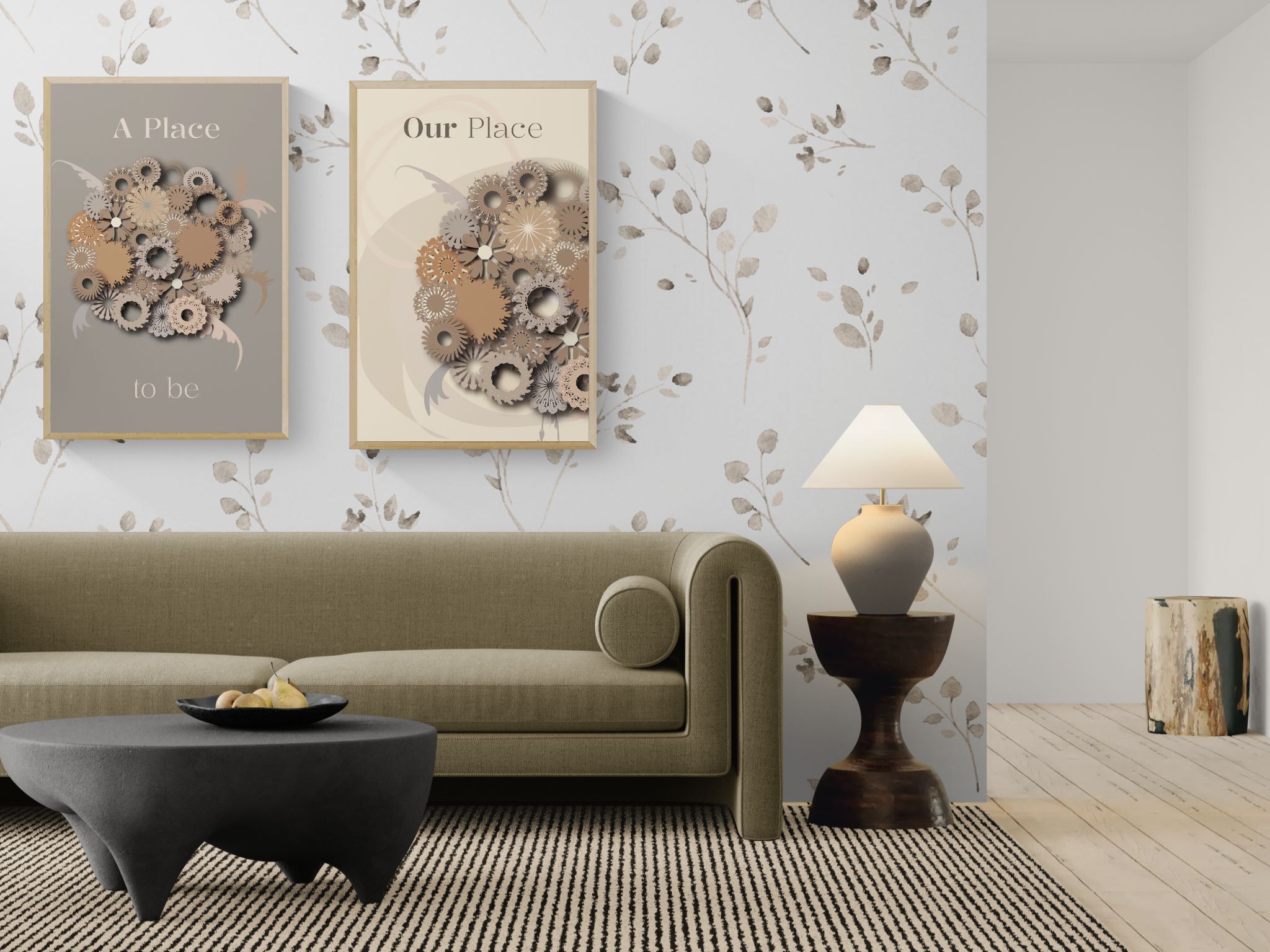 This Grounded Space – Printable Wall Art Duo above elegant sofa