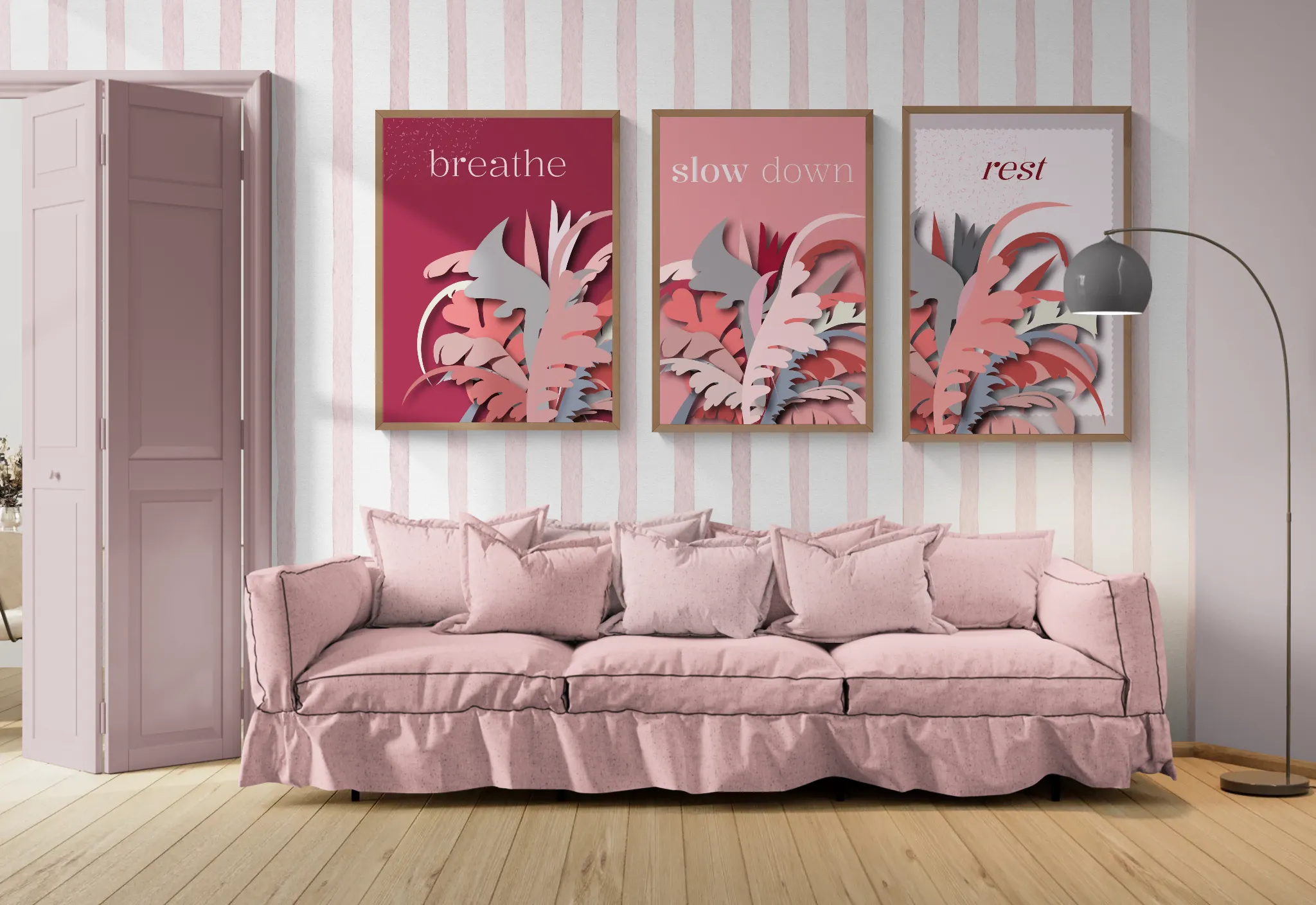 pink palm restful trio wall art set