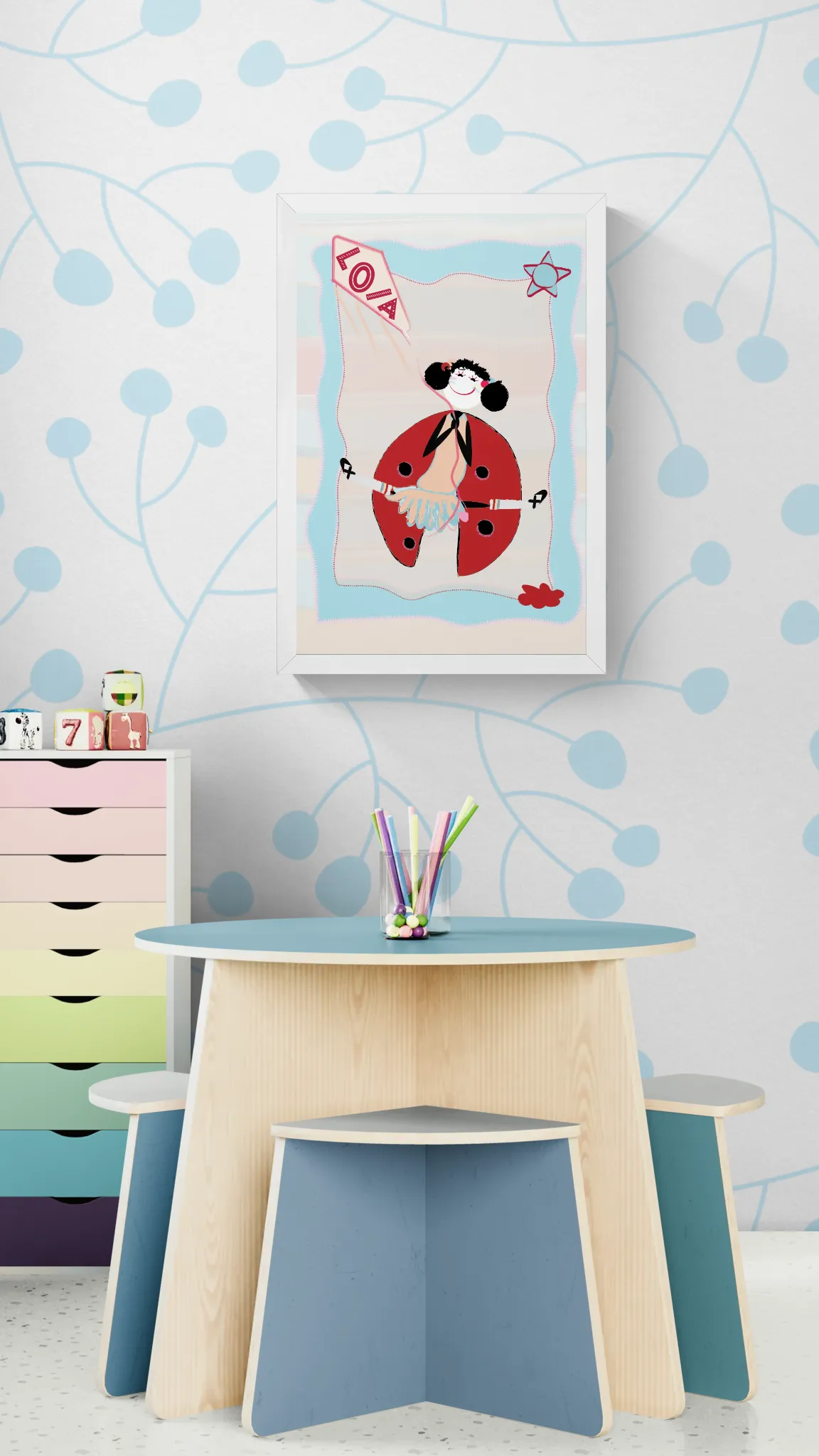 Lola and the Kite Wall Art Print | Dynamic Nursery Girl Room Decor | Colorful Playroom Printable Poster | Instant Digital Download - Image 3